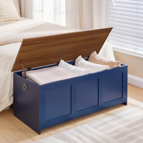 HOOBRO Storage Bench, 39.3" Retro Wooden Storage Chest, Wooden Storage Trunk, Toy Chest with Lift Top, Multifunctional Entryway Organizer, for Entryway, Living Room, Blue and Walnut UH141CW01G1 - Image 4