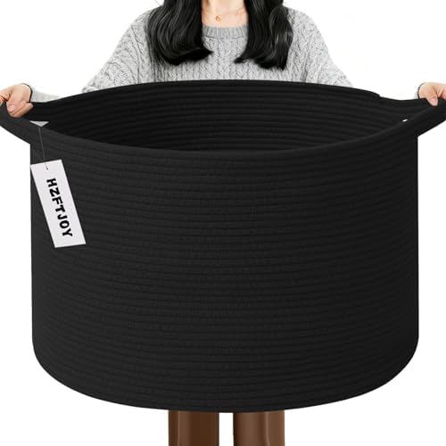 65L Large Blanket Basket,Woven Rope Laundry Basket-Black by HZFTJOY