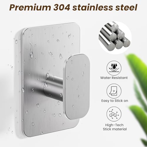Large Heavy Duty Wall Hooks - 26lb Max, Stainless Steel Adhesive Towel Hooks for Hanging Towel, Coat, Robe, Hat, Sticky Towel Holder for Wall Mount in Bathroom, Shower, Kitchen(Silver, 4 Pack) - Image 6