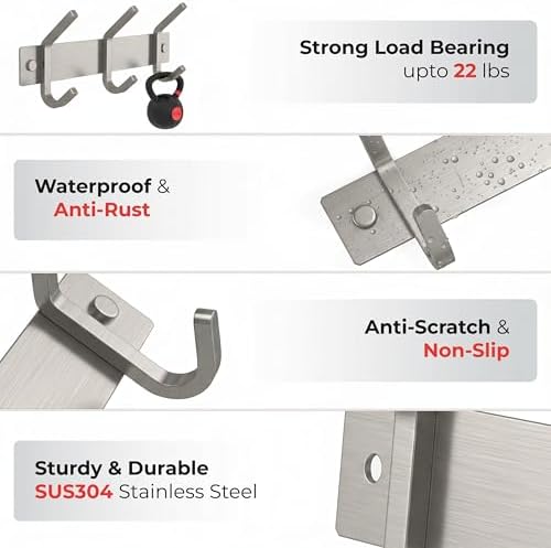 Small Coat Rack Wall Mount – Brushed Nickel 9 Inch Stainless Steel Hook Rail with 3 Heavy Duty Double Coat Hooks – Wall Mounted Coat Hanger for Entryway, Bathroom, Bedroom, Hat Organizer - 2 Pack - Image 3