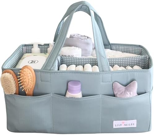 Lily Miles Baby Diaper Caddy Organizer, Wipeable Diaper Organizer Basket with 8 Pockets for Newborn Essentials, Nursery Tote Bag for Changing Table & Car Organization (Willow Green, Large) by LilyMiles