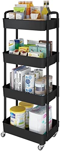 4 Tier Rolling Cart with Wheels, Utility Storage Carts,Black by Laiensia