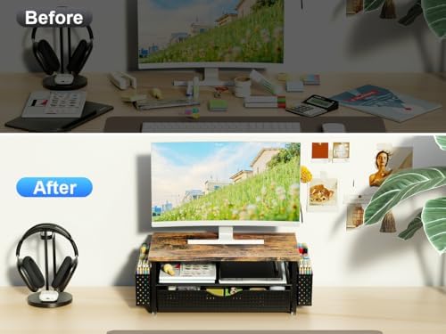 Spacrea Computer Monitor Stand with Drawer and 2 Pen Holders, Wood - Image 3