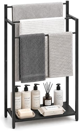 16.9" W Freestanding Towel Rack with Black Wood Shelf by yeavs
