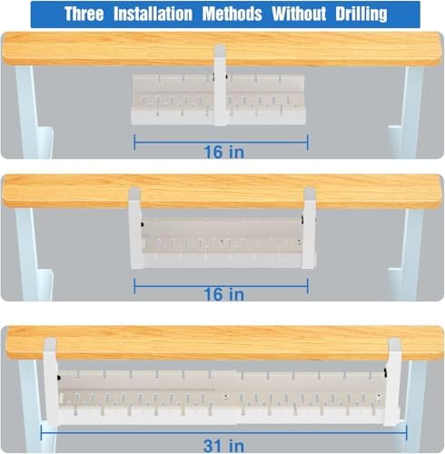 No Drilling Under Desk Cable Management, Metal Cable Management Tray Under Desk with Clamp, Retractable Power Strip Cord Holder for Wire Management 31Inch (2 Pack White) - Image 4