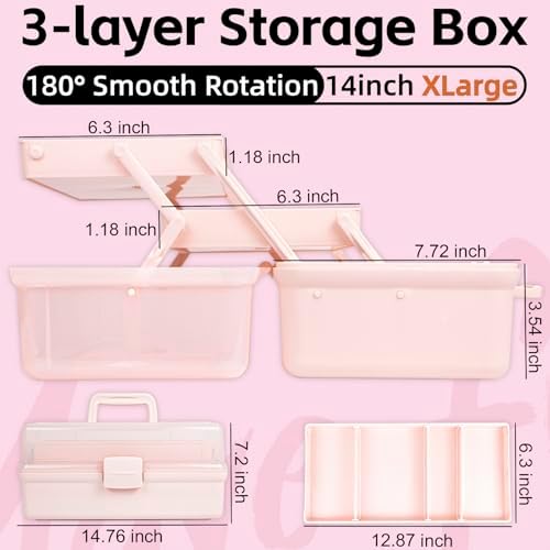 TERGOO 14in 3-Layer Multipurpose Craft Organizers and Storage with Adjustable Dividers, Portable Tackle Box, Folding Art & Craft Case for Medicine, Tool, Sewing Organizer (Pink, X-Large) - Image 2