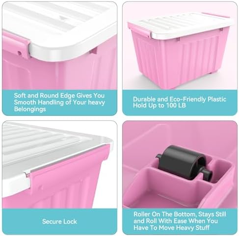 Nazhura Plastic Storage Bin, Stackable and Nestable Storage Boxes with White Lids and Secure Latching Buckles, Large Storage Container (Pink/White, 72Quart-6Pack) - Image 3