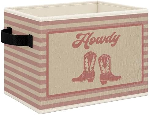Pink Western Howdy Foldable Storage Bins Box with Handles, Cowgirl Boots Western Nursery Striped Collapsible Toys Books Clothes Organizer Basket for Girl Nursery Room Bedroom Bathroom by Mcehtle