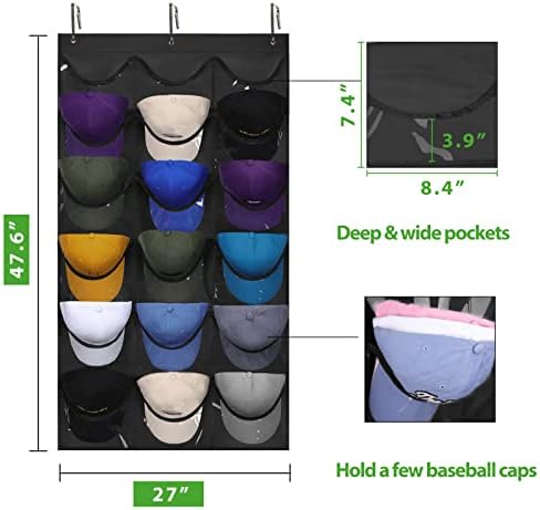 Dofilachy Hat Rack - Hat Organizer - Hat Racks for Baseball Caps, Visible Hat Holder - Baseball Hat Rack for Wall Door with 3 Hooks, 18 Deep Pockets(Black, medium) - Image 5