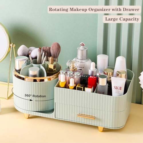 Rotating Makeup Organizer for Vanity with Brush Holder and Drawer, Cosmetic Makeup Storage, Large Spinning Makeup Skincare Organizer, Countertop Makeup Perfume Organizer, Lotions Display Case (Green) - Image 5