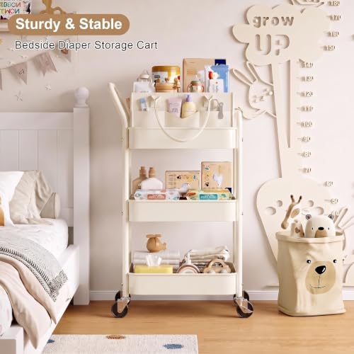 3 Tier Baby Diaper Caddy Cart with Removable Dividers and Wheels,Off-White - Image 5