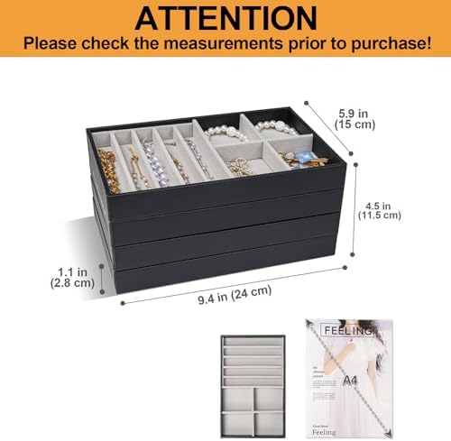 ProCase Stackable Jewelry Organizer Trays for Drawers, Jewelry Drawer Inserts Container Display Case Storage for Earring Necklace Rings Bracelet with Removable Dividers -Black, 4 Layers - Image 2