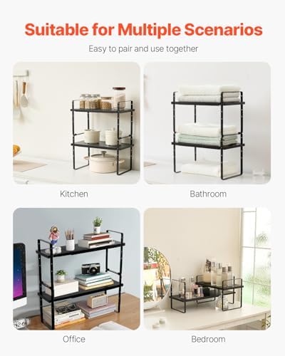 VEVOR Adjustable Kitchen Cabinet Shelf Organizer, Expandable 2 Tier Cabinet Shelf, Stackable Countertop Organizers and Storage Risers, Pantry for Kitchen Bathroom Office, Black - Image 6