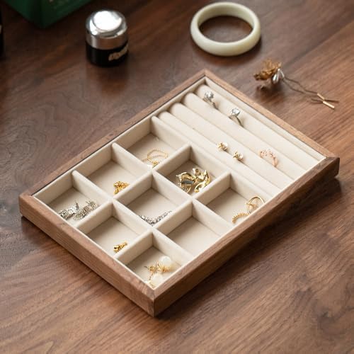 9 Grid +3 Line Black Walnut Wooden Jewelry Tray Organizer with Velvet Lining - Premium Jewelry Storage for Rings, Earrings, Brooches, LuxuryJewelry Drawer Organizer & Display Tray - Image 4