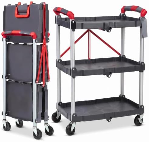 Heavy Duty 3-Tier Collapsible Utility Cart for Office & Home – Collapsible Rolling Service Cart, 56 lb Capacity, No Assembly, Lockable Wheels, Multi-Purpose Organizer, Grey by GaoMon