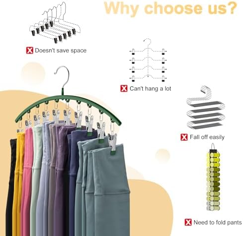 Legging Organizer for Closet, Metal Yoga Pants Hangers 4 Pack w/10 Clips Holds 40 Leggings, Space Saving Hanging Closet Organizer w/Rubber Coated Closet Organizers and Storage, Green - Image 2