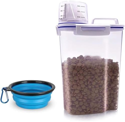 TIOVERY Dog Food Storage Container Small, Cat Food Storage Container Airtight Plastic Dispenser with Graduated Measuring Cup, Pourable Spout and Portable Collapsible Dog Bowl for Pet Food, Birds Seed by TIOVERY