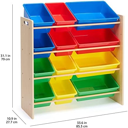 Amazon Basics Kids Toy Storage Organizer With 12 Plastic Bins, Natural Wood, Multicolor, for Bedroom and Playroom, 33.85"D x 12.79"W x 35.42"H - Image 3