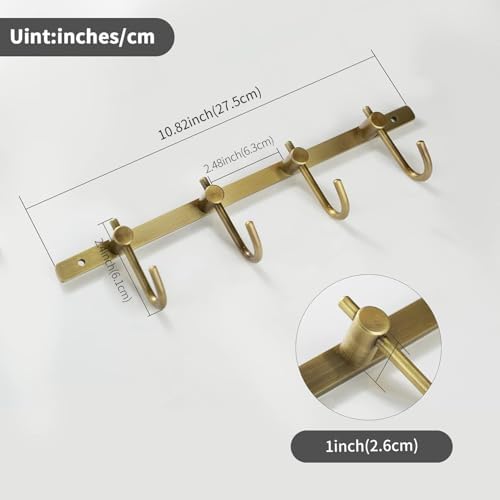 WINCASE Brass Towel Hook Rack, Brushed Brass Wall Hook Rack, Antique Brass Row Hooks with 4 Hooks Rustic Wall Mounted - Image 4