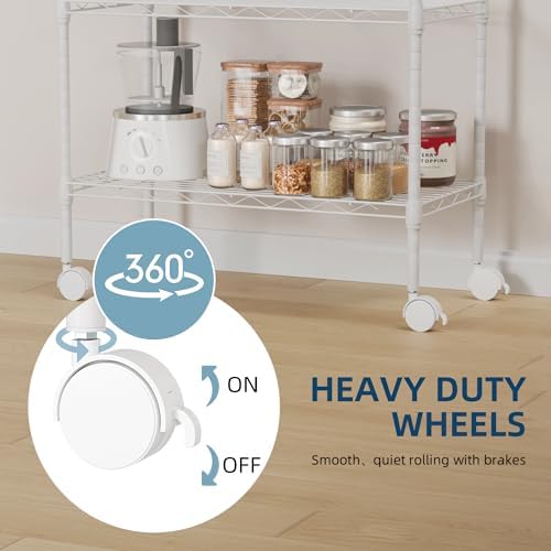 Whitmor 3 Tier Rolling Kitchen Cart,27.6"x10"x21.7”Heavy Duty Metal Storage Cart with Wheels, Adjustable Shelves, Lockable Utility Cart with Wood Top & Portable Handle for Indoor & Outdoor Use, White - Image 4