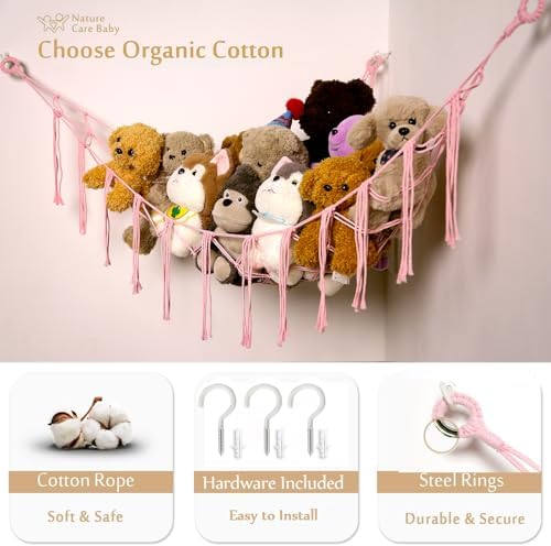 YKBU Stuffed Animals Hammock Corner Hanging Net with Wooden Beads Macrame Stuffed Animal Storage Ideas Plush Holder Toy Organizer for Boho Nursery Playroom Bedroom Kids Room Décor (light pink, Large) - Image 3
