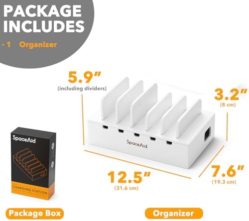 SpaceAid Bamboo Charging Station for Multiple Devices, Cell Phone Docking Stations for Multi Laptop, Tablets and iPads, Nightstand Bedside Desk Device Charger Organizer (White) - Image 6