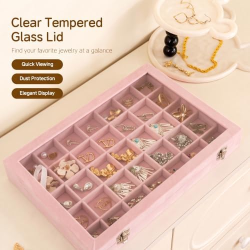 Frebeauty 35 Grid Earring Organizer,Velvet Jewelry Tray with Clear Lid - Image 6