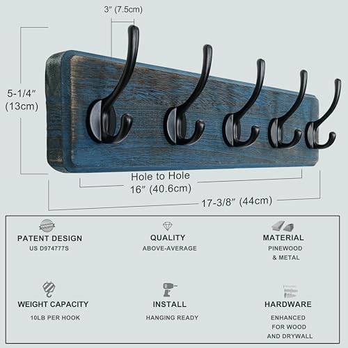 Dseap Coat Rack Wall: Patented, Heavy-Duty, 5-Double-Hooks Wooden Wall Mounted Coat Rack Coat Hanger Hook Rail for Winter Coats Hat Jacket Clothing, Weathered Blue - Image 5