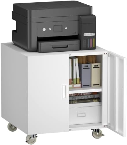 Printer Stand with Wheels, Office File Cabinet for Workplace, White Filing Cabinet for Home Office, Large Printer Table with Removable Shelf, Office Station for Workplace, School by STEELIST
