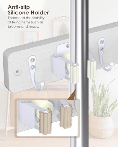 Broom Holder Wall Mounted, 2 Pack White 4 Holders and 4 Hooks Mop Holder, Wooden Mop and Broom Holder with Anti slip rubber, Natural pine wood Brush Holder, Mop Wall Holder with Nail installation - Image 3