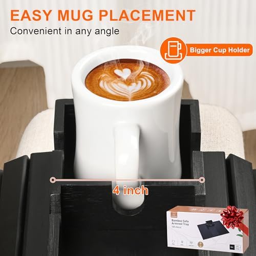Joy&Grace Sofa Armrest Tray with Large Mug Holder, Bamboo Couch Arm Tray, Anti-Slip Couch Cup Holder Foldable Sofa Arm Table for Eating Drinks Cellphone (Color Black) - Image 6