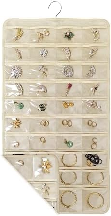 80 Pocket Hanging Jewelry Organizer with Hanger Metal Hooks Storage On Wall Door Closet Double-Sided(Each Side 40 Pockets) Jewelry Holder for Earrings, Necklaces, Rings (Beige) by Unknown