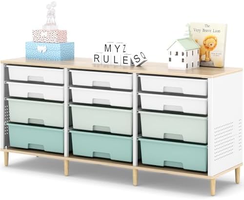 TOOLF 12 Drawers Storage Cabinet with Wooden Top and Plastic Bins,Green by TOOLF