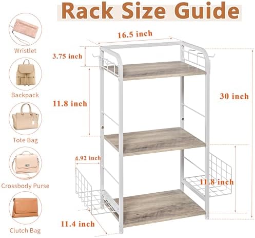 White Purse Organizer, 3-Tier Floor Standing Bag Rack Stand Featuring Side Hooks and Baskets, Adjustable Feets, High Capacity Metal & Wood Handbag Holder Design for Closet Storage, Patent Pending - Image 3
