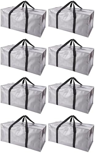 PANDA JOYS Extra Large Moving Bags with Zippers & Carrying Handles, Heavy-Duty Storage Tote for Space Saving Moving Storage, Fold Flat, Alternative to Box and Bin - 8 Pack, Silver by PANDA+JOYS