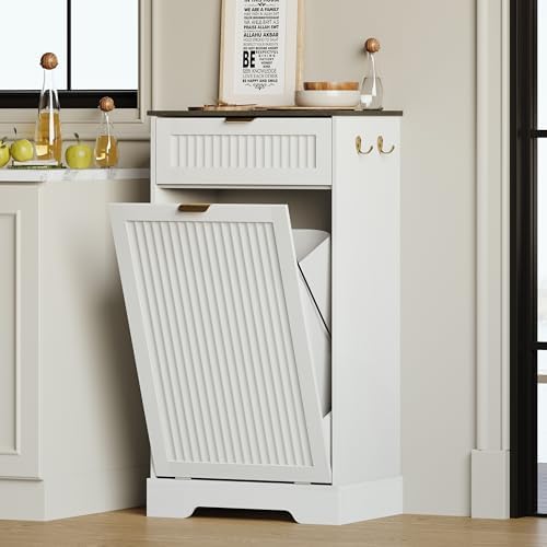 13 Gallons Tilt Out Trash Can Cabinet, Fluted Trash Cabinet, White by METOTI