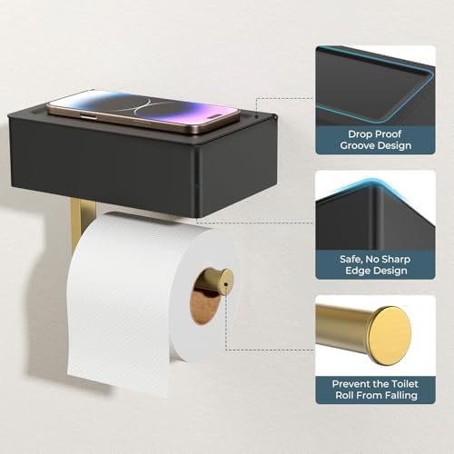 FORIOUS Toilet Paper Holder with Shelf, Wall-Mounted Modern Wipes Dispenser - Image 5