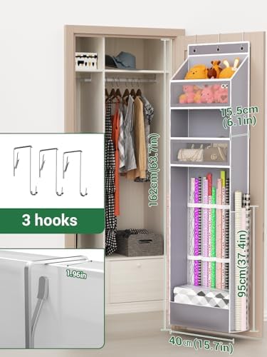 Over Door Wrapping Paper Organizer Hanging – Christmas Gift Wrap Storage for Ribbons, Bows, Ornament and Other Tools, Behind Door Long Craft Roll Holder Bag, Present Wrap Container, 1Pack, Gray - Image 4