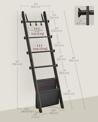 VASAGLE Blanket Ladder, 5-Tier Pine Wood Ladder Shelf with PU Leather Bag - Image 3