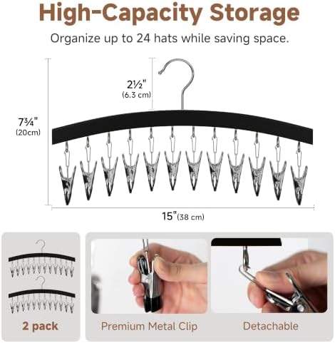 StorageWorks Hat Hanger 2 Pack, Black Cap Organizer Rack with 12 Clips - Image 2