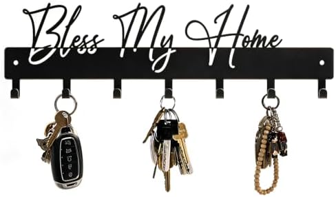 Exquisite Fashion Phrase Key Holder Wall Mount,Bless My Home Key Hooks for Wall Decoration,Black Metal Key Hanger with 7 Hooks for Entryway,Office,Living Room Decor by ShowMtheM