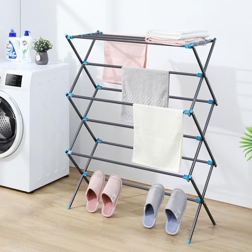 APEXCHASER Clothes Drying Rack, Foldable 2-Level Drying Rack Clothing, Stainless Steel Free-Standing Laundry Airer, with Height-Adjustable 4 Wings, Matte Black - Image 3