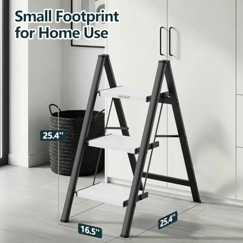 WOA WOA 3 Step Ladder, Foldable Step Stool, 300lbs Load, Black & White - Image 2