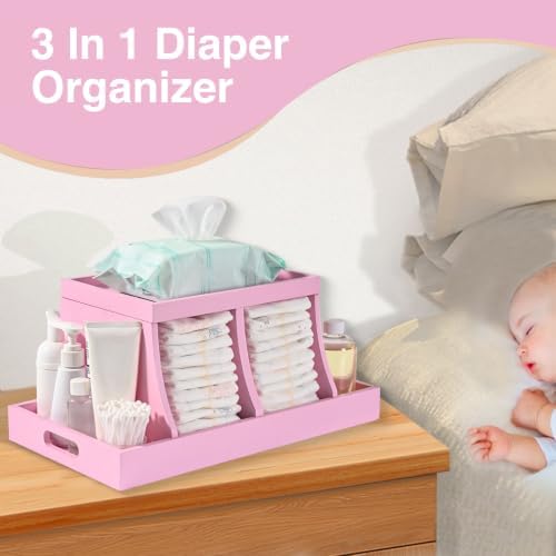 Three colors Diaper Organizer, Wooden Diaper Caddy Organizer, Changing Table Organizer, Diaper Storage Organizer, Nursery Baby Organization Pink - Image 2