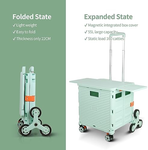 Foldable Utility Cart Collapsible Portable Crate Rolling Carts with Stair Climbing Wheels Tote Basket with Magnetic Lid Telescopic Cover Wear-Resistant 360°Rotate Wheel Noiseless for Shopping Office - Image 3