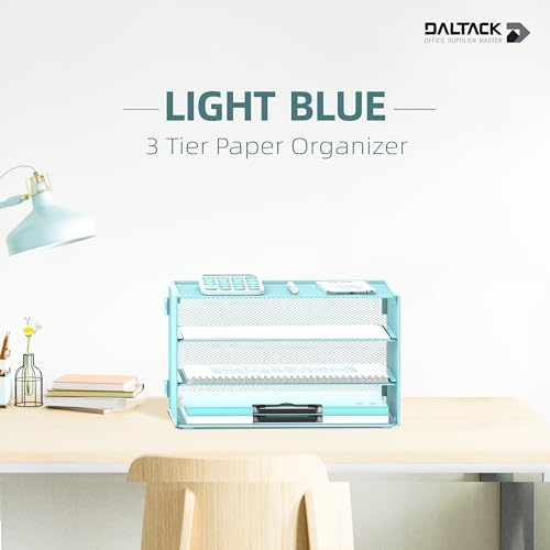 DALTACK 3 Tier Letter Tray Paper Organizer with Sliding Mesh Trays Blue - Image 2