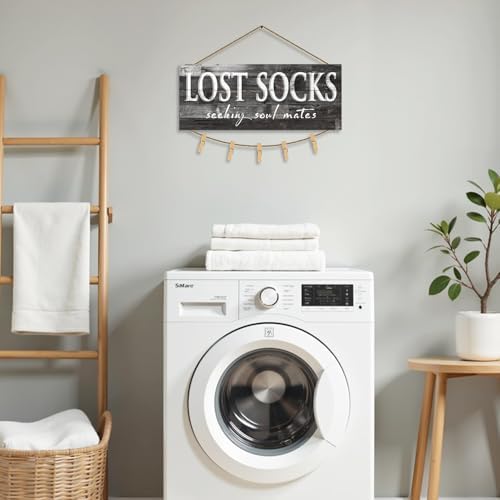 1 KINGO Laundry Lost Socks Rustic Sign Wall Decor for Washroom, Farmhouse Black Lost Socks Seeking Soul Mates Canvas Print Art, Rustic Plaque Bathroom Decoration 6" x 15" - Image 2