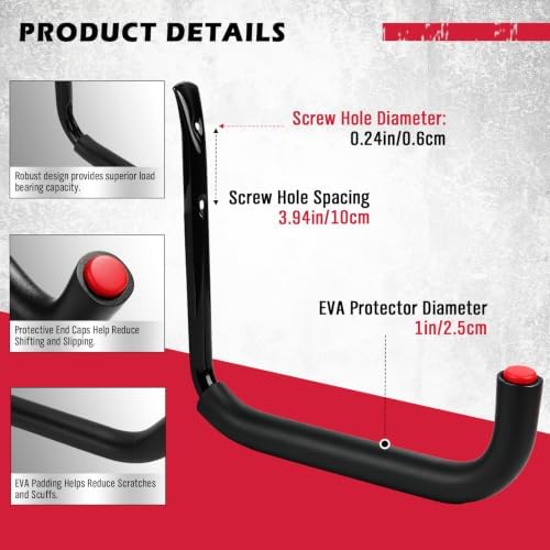 SEDY 6 Pack Heavy Duty Garage Hooks, Ladder Hooks for Garage Wall, Each Holds Up to 66 LB, 9.8 Inch EVA-Padded Steel Utility Hangers for Bikes, Folding Chairs, Garden Hoses and Tools - Image 3