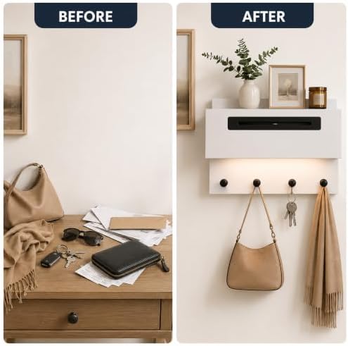 Wall Mounted Entryway Organizer with Drawer, Storage Shelf, Light and Coat Hooks, Entryway Drop Zone for Keys, Mail and Bags, Matte Warm White - Image 7