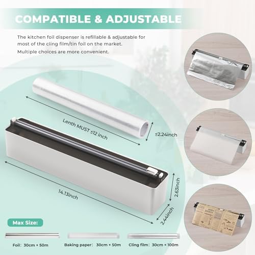 Magnetic Plastic Wrap Dispenser with Cutter - Practical Refillable Aluminum Tin Foil and Plastic Wrap Organizer for Drawer, Including an Extra Roll of 12"X 164' Food Cling Film - Black - Image 4